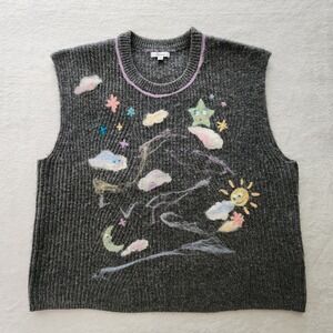 Needle Felted Celestial Sun Moon Stars Sweater Vest Womens XXL Whimsical Indie